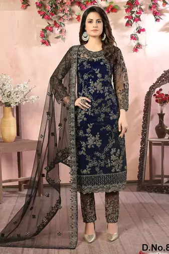 Blue net zari work semi stitched size up to 42 salwar suits