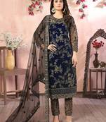 Blue net zari work semi stitched size up to 42 salwar suits