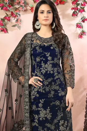 Blue net zari work semi stitched size up to 42 salwar suits