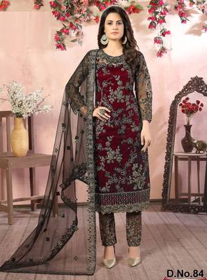 Maroon net zari work semi stitched size up to 42 salwar suits 1