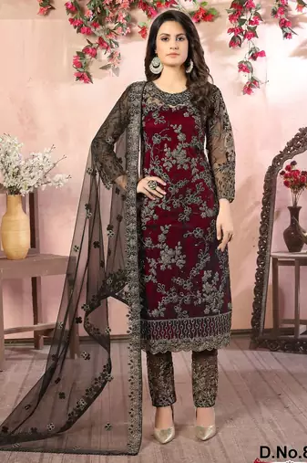 Maroon net zari work semi stitched size up to 42 salwar suits