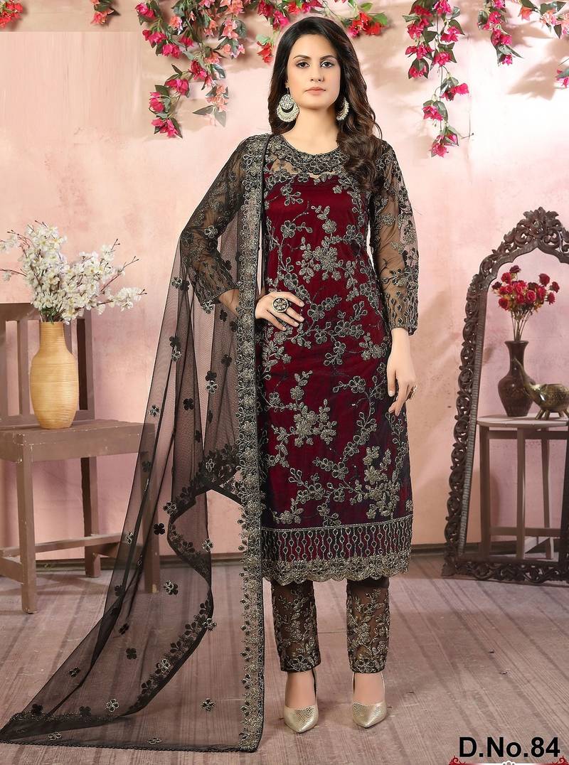 Maroon net zari work semi stitched size up to 42 salwar suits