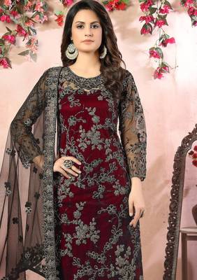 Maroon net zari work semi stitched size up to 42 salwar suits 2