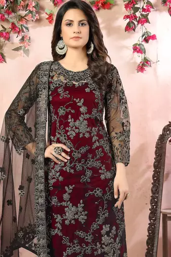 Maroon net zari work semi stitched size up to 42 salwar suits