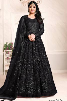 Black net stone work semi stitched size up to 42 salwar suits 1
