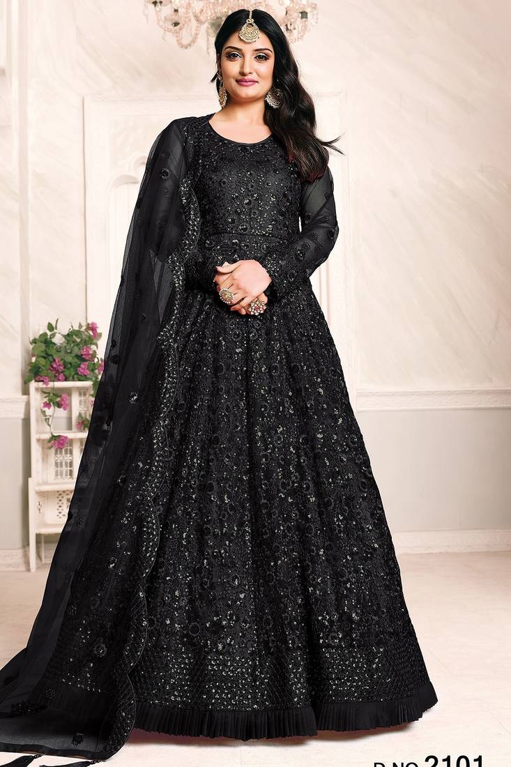 Black net stone work semi stitched size up to 42 salwar suits