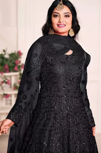 Black net stone work semi stitched size up to 42 salwar suits