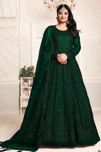 Green net stone work semi stitched size up to 42 salwar suits