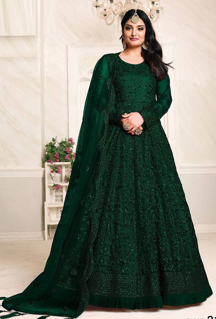 Green net stone work semi stitched size up to 42 salwar suits