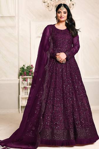 Purple net stone work semi stitched size up to 42 salwar suits