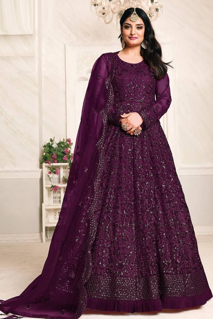 Purple net stone work semi stitched size up to 42 salwar suits
