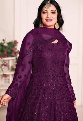 Purple net stone work semi stitched size up to 42 salwar suits 2