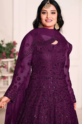Purple net stone work semi stitched size up to 42 salwar suits