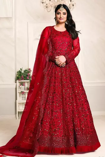 Red net stone work semi stitched size up to 42 salwar suits