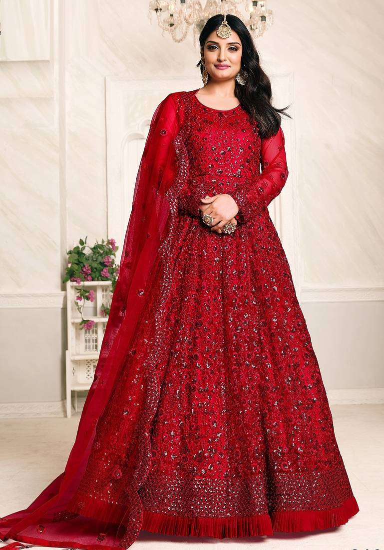 Red net stone work semi stitched size up to 42 salwar suits