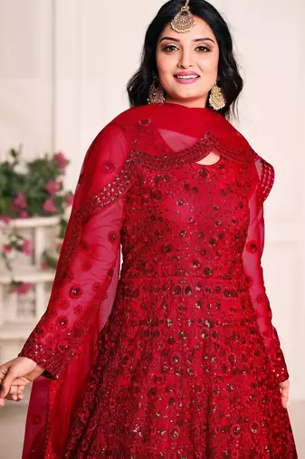 Red net stone work semi stitched size up to 42 salwar suits