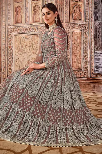 Purple net stone work semi stitched size up to 42 salwar suits