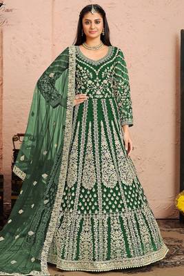 Green net sequins work semi stitched size up to 42 salwar suits 1