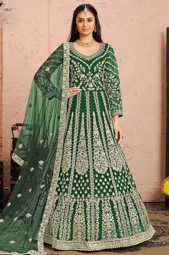 Green net sequins work semi stitched size up to 42 salwar suits