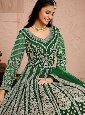 Green net sequins work semi stitched size up to 42 salwar suits 2