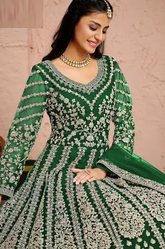 Green net sequins work semi stitched size up to 42 salwar suits
