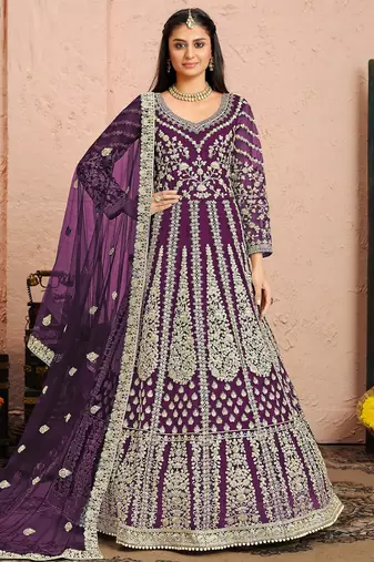 Purple net sequins work semi stitched size up to 42 salwar suits