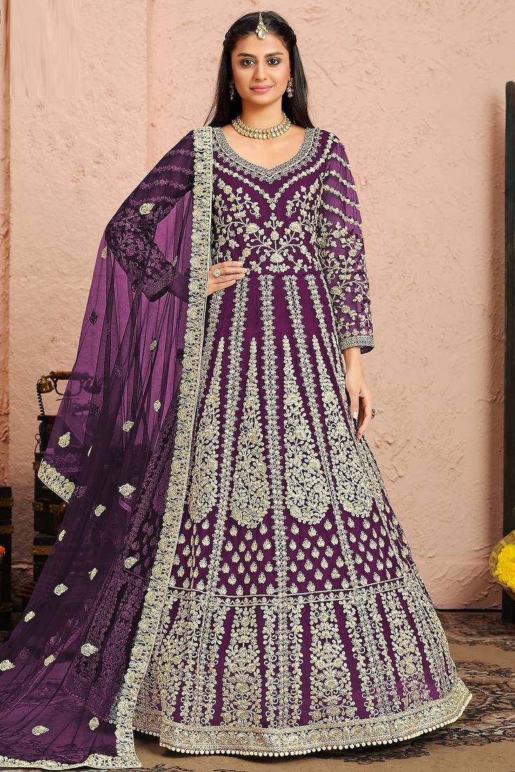 Purple net sequins work semi stitched size up to 42 salwar suits