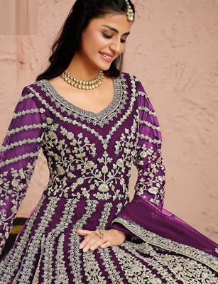 Purple net sequins work semi stitched size up to 42 salwar suits 2