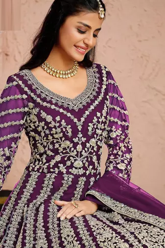 Purple net sequins work semi stitched size up to 42 salwar suits