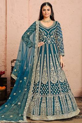 Teal blue net sequins work semi stitched size up to 42 salwar suits 1