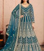 Teal blue net sequins work semi stitched size up to 42 salwar suits