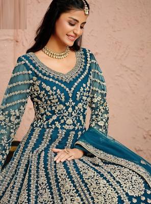 Teal blue net sequins work semi stitched size up to 42 salwar suits 2