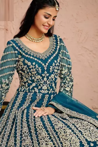Teal blue net sequins work semi stitched size up to 42 salwar suits
