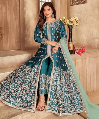 Teal green art silk sequins work semi stitched size up to 42 salwar suits 1