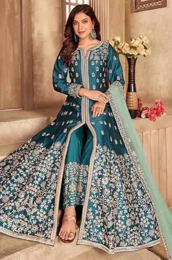 Teal green art silk sequins work semi stitched size up to 42 salwar suits