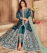 Teal green art silk sequins work semi stitched size up to 42 salwar suits