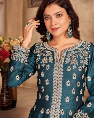 Teal green art silk sequins work semi stitched size up to 42 salwar suits 2