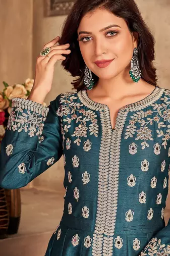 Teal green art silk sequins work semi stitched size up to 42 salwar suits