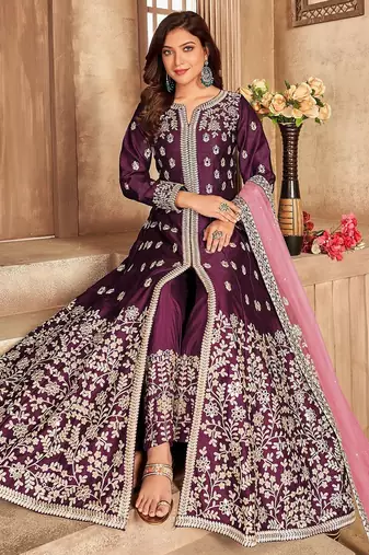 Purple art silk sequins work semi stitched size up to 42 salwar suits