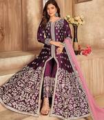 Purple art silk sequins work semi stitched size up to 42 salwar suits