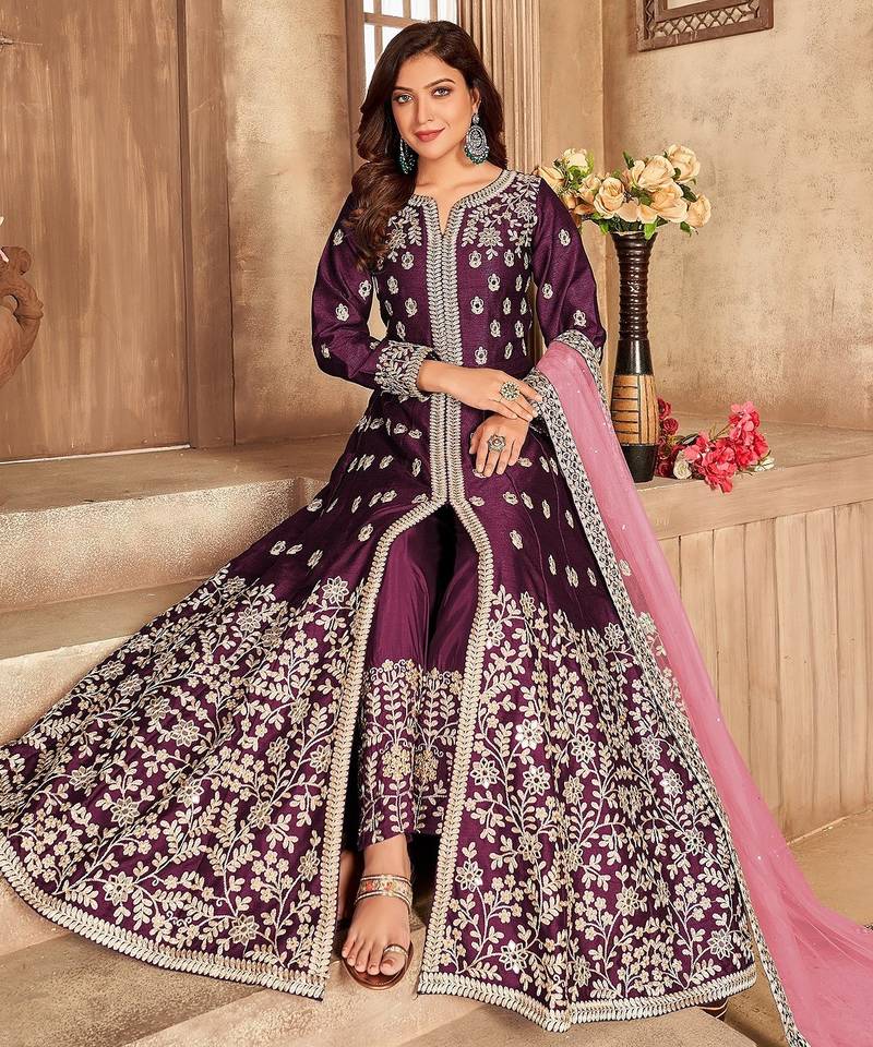Purple art silk sequins work semi stitched size up to 42 salwar suits