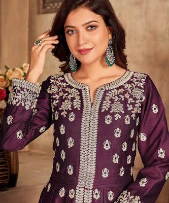 Purple art silk sequins work semi stitched size up to 42 salwar suits 2