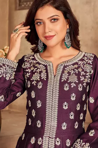Purple art silk sequins work semi stitched size up to 42 salwar suits