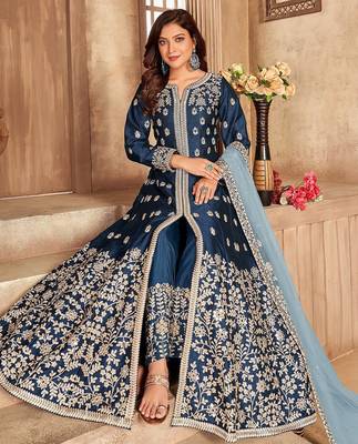 Blue art silk sequins work semi stitched size up to 42 salwar suits 1