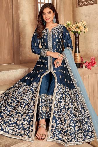 Blue art silk sequins work semi stitched size up to 42 salwar suits