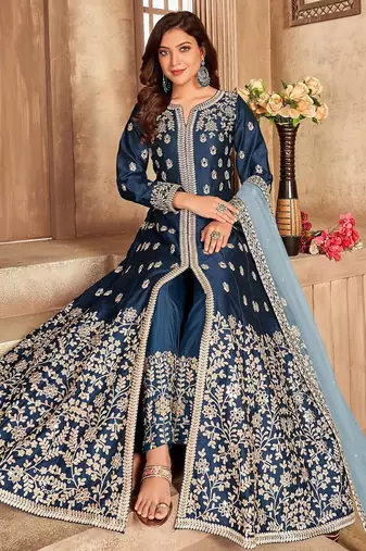 Blue art silk sequins work semi stitched size up to 42 salwar suits