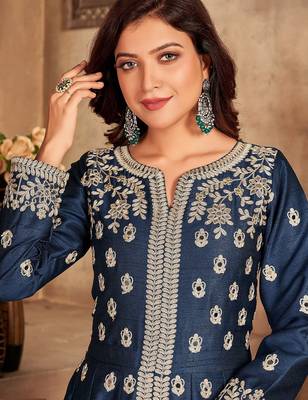 Blue art silk sequins work semi stitched size up to 42 salwar suits 2