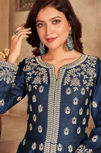 Blue art silk sequins work semi stitched size up to 42 salwar suits