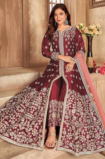 Maroon art silk sequins work semi stitched size up to 42 salwar suits