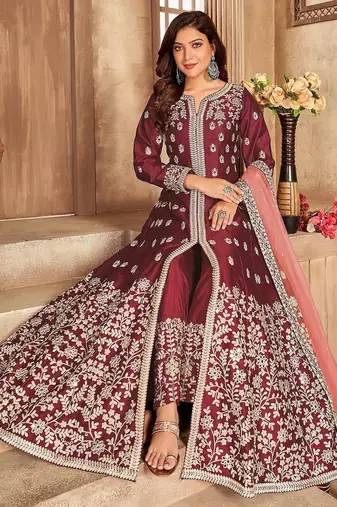 Maroon art silk sequins work semi stitched size up to 42 salwar suits